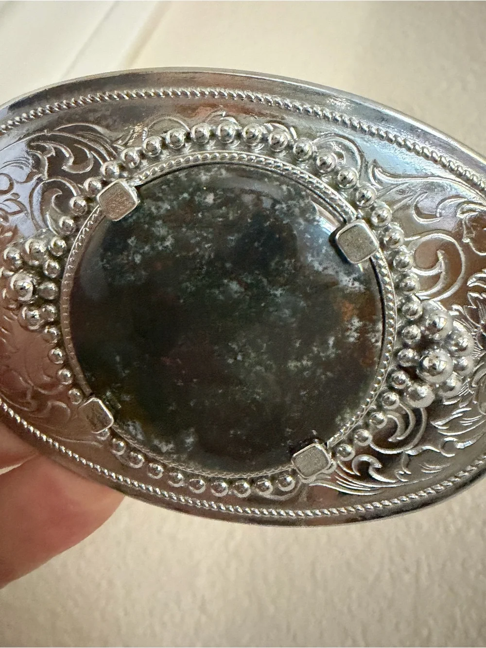 Silvertone Western Belt Buckle w Black Stone Accent Boho Cowboy Southwest Chic